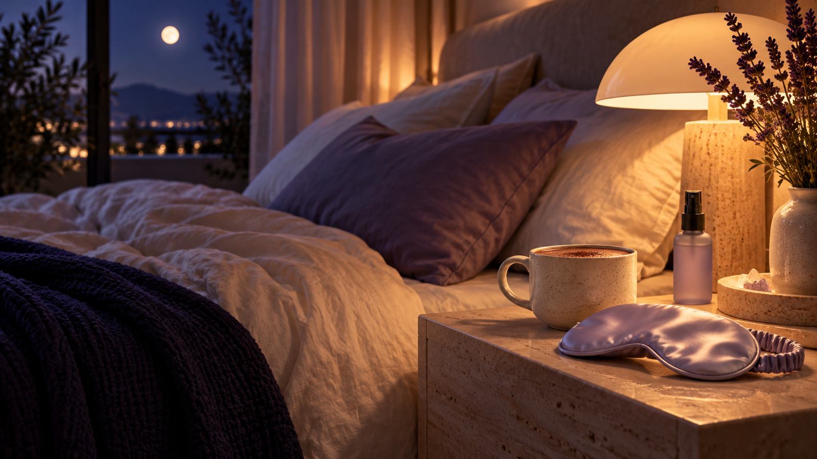 Abendstimmung im Schlafzimmer mit Tasse, Night Spray und Sleep Mask auf dem Nachttisch