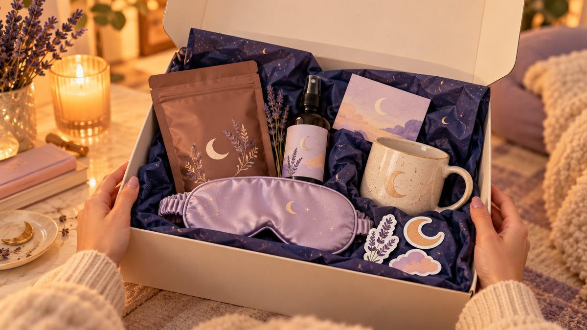 Geöffnete rested Box mit Sleep Cocoa, Night Spray, Sleep Mask und Tasse